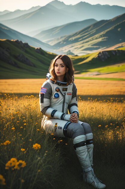 Outdoor explorer sitting in flower field holding yellow flowers woman wearing spacesuit background