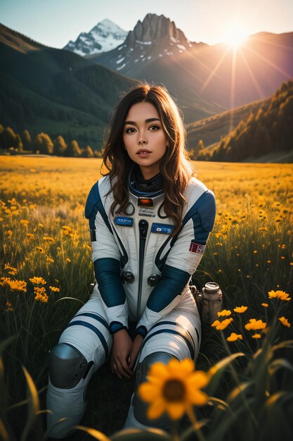 Outdoor explorer sitting in flower field holding yellow flowers woman wearing spacesuit background