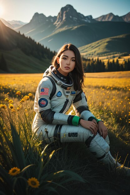 Outdoor explorer sitting in flower field holding yellow flowers woman wearing spacesuit background