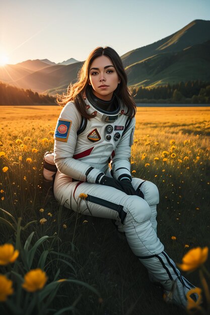 Outdoor explorer sitting in flower field holding yellow flowers woman wearing spacesuit background