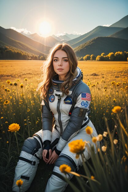 Outdoor explorer sitting in flower field holding yellow flowers woman wearing spacesuit background