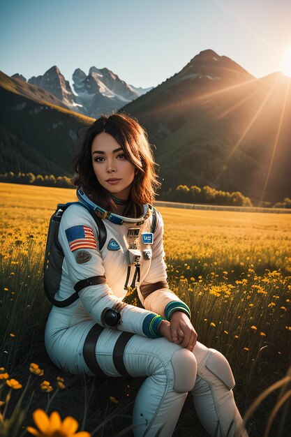 Outdoor explorer sitting in flower field holding yellow flowers woman wearing spacesuit background