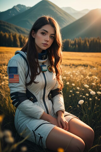 우주복 배경을 입고 노란 꽃 여자를 들고 꽃밭에 앉아 야외 탐험가