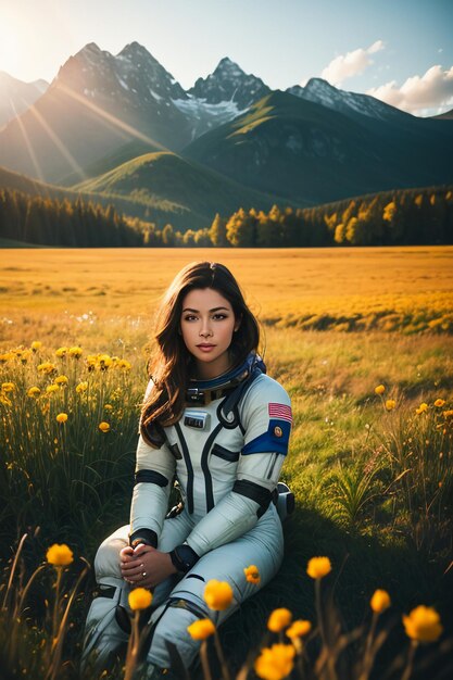 Outdoor explorer sitting in flower field holding yellow flowers woman wearing spacesuit background