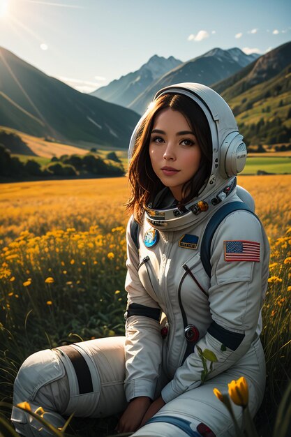 Outdoor explorer sitting in flower field holding yellow flowers woman wearing spacesuit background