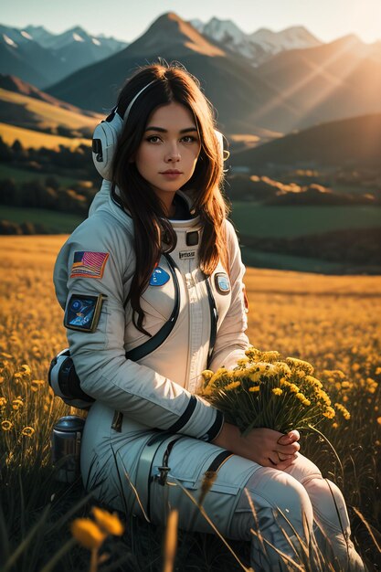 Outdoor explorer sitting in flower field holding yellow flowers woman wearing spacesuit background