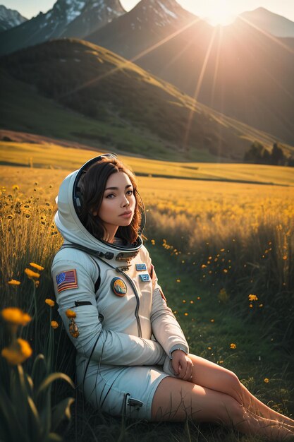 Outdoor explorer sitting in flower field holding yellow flowers woman wearing spacesuit background