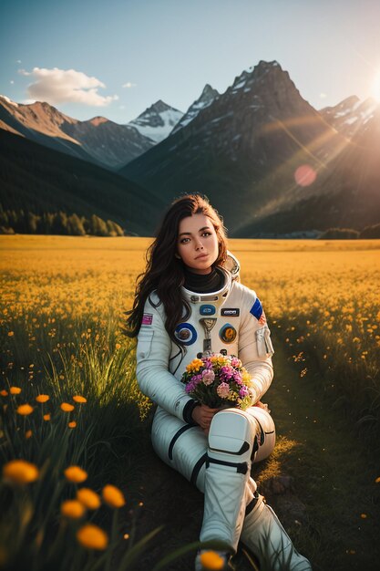 Outdoor explorer sitting in flower field holding yellow flowers woman wearing spacesuit background