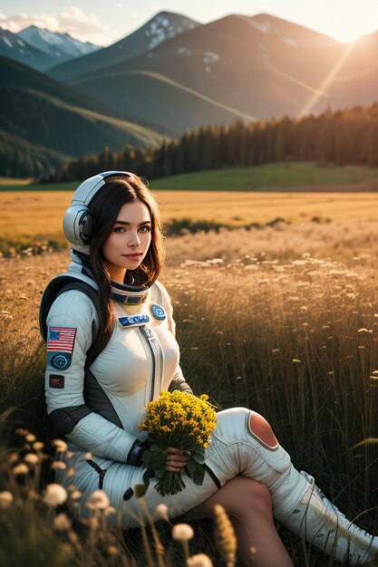 Outdoor explorer sitting in flower field holding yellow flowers woman wearing spacesuit background