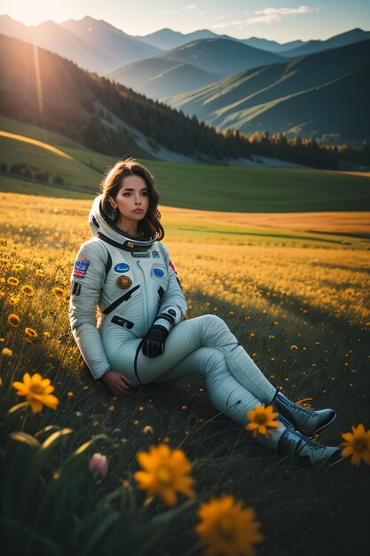 Outdoor explorer sitting in flower field holding yellow flowers woman wearing spacesuit background