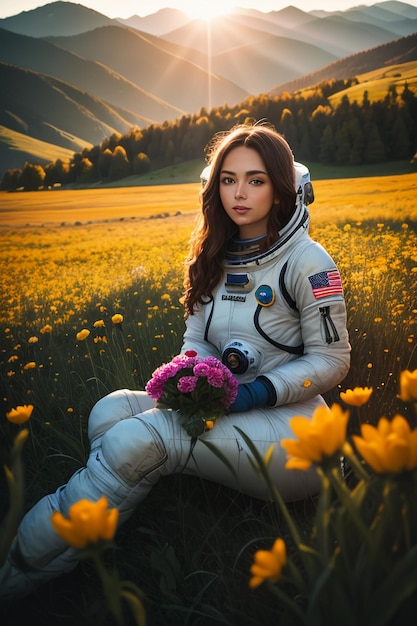 Outdoor explorer sitting in flower field holding yellow flowers woman wearing spacesuit background