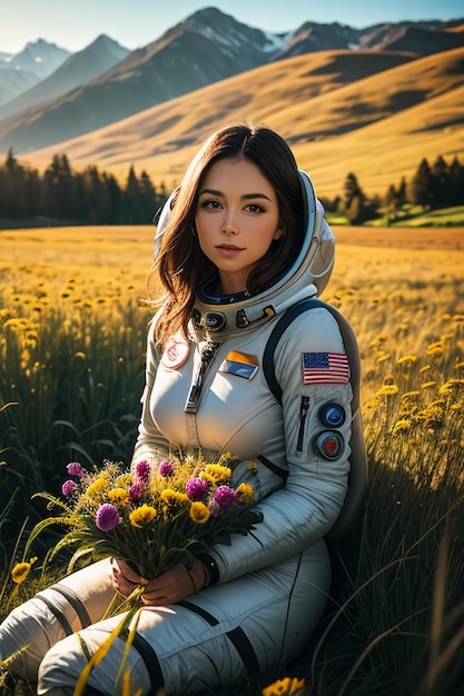 Outdoor explorer sitting in flower field holding yellow flowers woman wearing spacesuit background