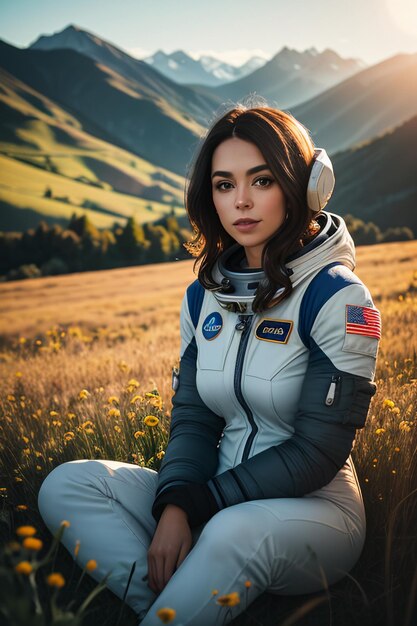 Outdoor explorer sitting in flower field holding yellow flowers woman wearing spacesuit background