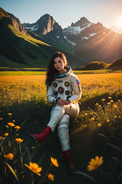 Outdoor explorer sitting in flower field holding yellow flowers woman wearing spacesuit background