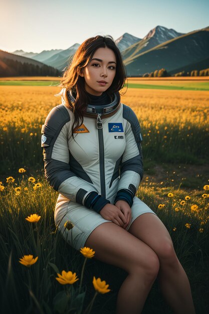 Outdoor explorer sitting in flower field holding yellow flowers woman wearing spacesuit background