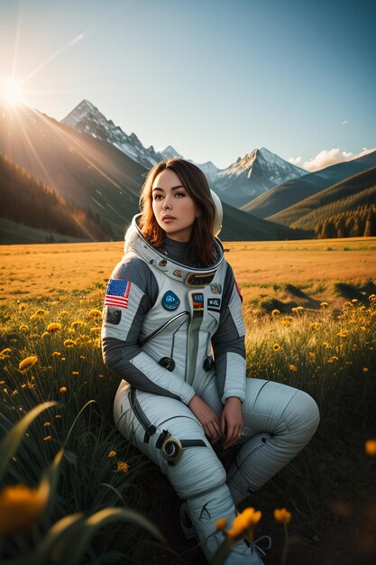 Outdoor explorer sitting in flower field holding yellow flowers woman wearing spacesuit background