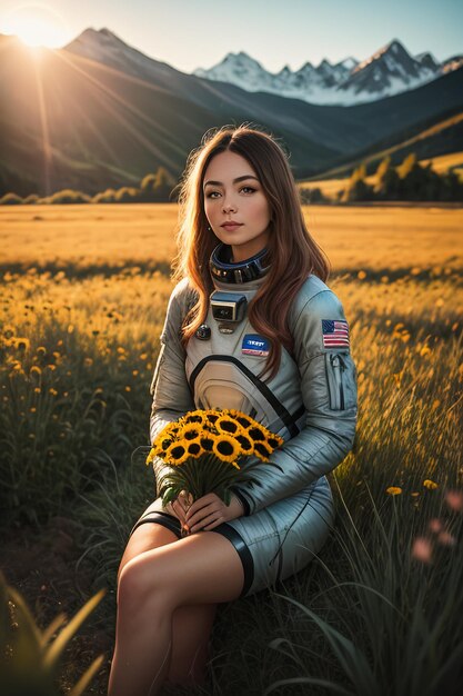 Outdoor explorer sitting in flower field holding yellow flowers woman wearing spacesuit background