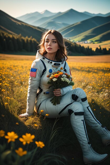 Outdoor explorer sitting in flower field holding yellow flowers woman wearing spacesuit background