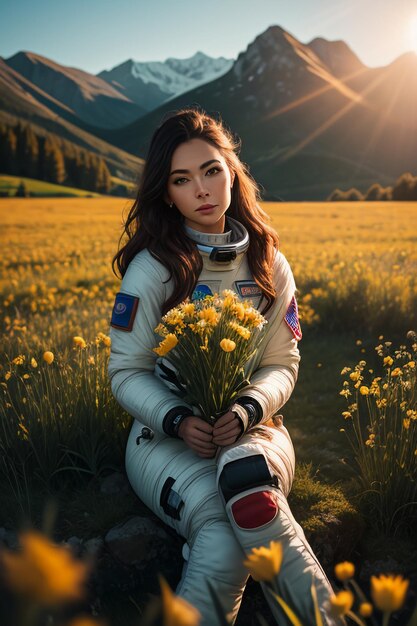 Outdoor explorer sitting in flower field holding yellow flowers woman wearing spacesuit background