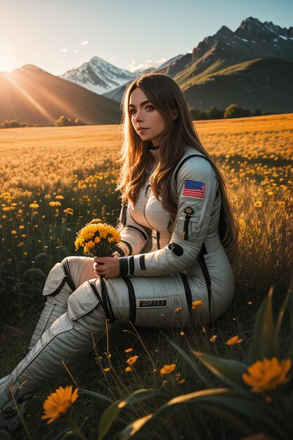 Outdoor explorer sitting in flower field holding yellow flowers woman wearing spacesuit background