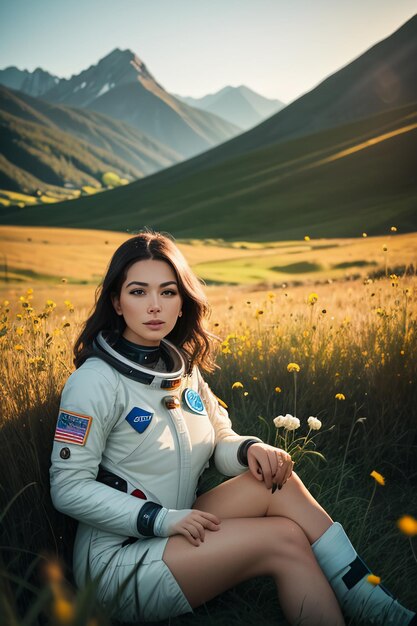 Outdoor explorer sitting in flower field holding yellow flowers woman wearing spacesuit background