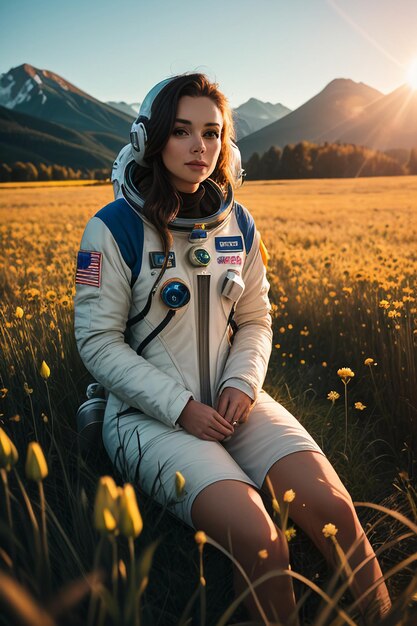 Outdoor explorer sitting in flower field holding yellow flowers woman wearing spacesuit background