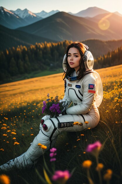 Outdoor explorer sitting in flower field holding yellow flowers woman wearing spacesuit background