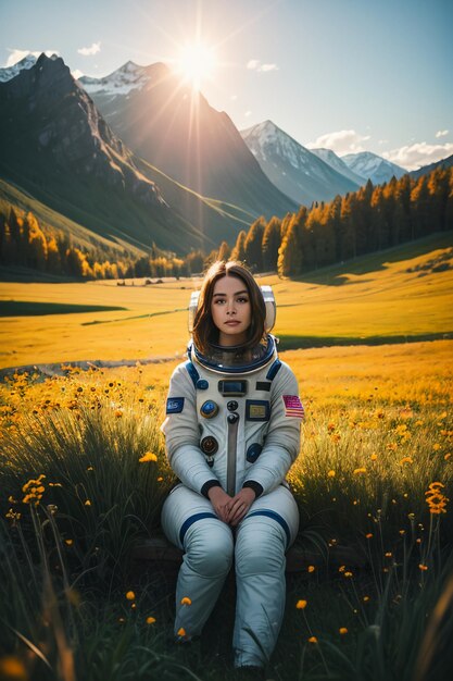 Outdoor explorer sitting in flower field holding yellow flowers woman wearing spacesuit background