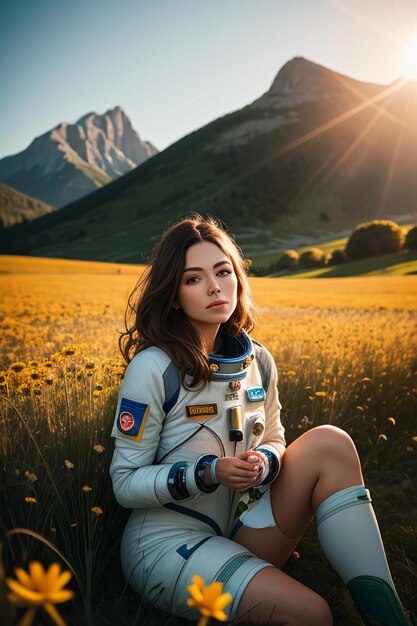 Outdoor explorer sitting in flower field holding yellow flowers woman wearing spacesuit background