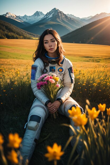 Outdoor explorer sitting in flower field holding yellow flowers woman wearing spacesuit background