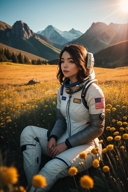 Outdoor explorer sitting in flower field holding yellow flowers woman wearing spacesuit background