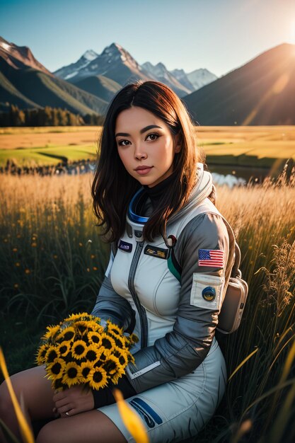 Outdoor explorer sitting in flower field holding yellow flowers woman wearing spacesuit background