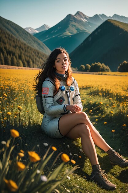 Outdoor explorer sitting in flower field holding yellow flowers woman wearing spacesuit background