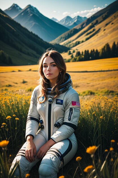 Outdoor explorer sitting in flower field holding yellow flowers woman wearing spacesuit background