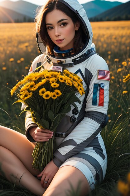 写真 宇宙服の背景を着ている女性の黄色の花を保持している花畑に座っている屋外の探検家