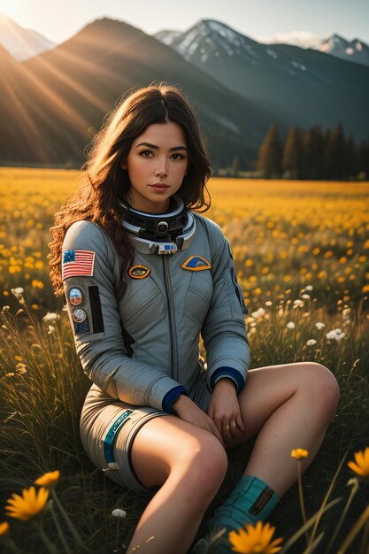 写真 宇宙服の背景を着ている女性の黄色の花を保持している花畑に座っている屋外の探検家