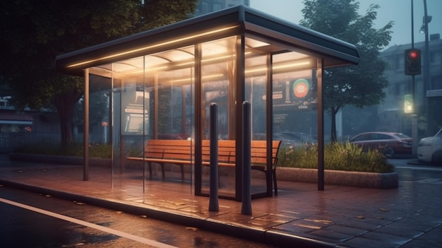 Outdoor or exterior bus stop at city with Generative AI
