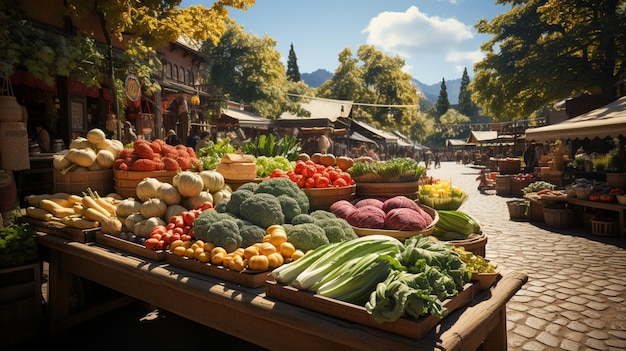 Foto mercato degli agricoltori all'aperto con prodotti freschi generative ai