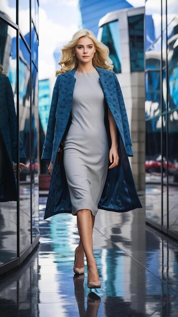 Outdoor fashion lifestyle portrait of blonde pretty young businesswoman walking at modern building