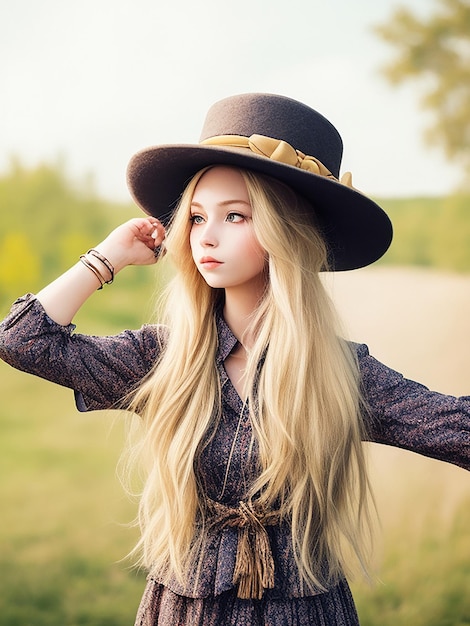 Photo outdoor fashion positive portrait of stylish hipster girl long blonde hairs vintage hat