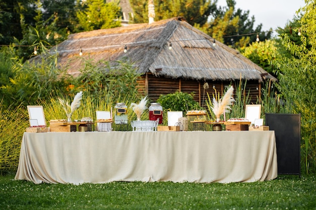 Tavolo da banchetto festivo all'aperto con antipasti