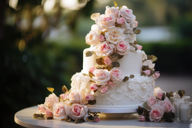 写真 白いフォンダンスアイシングとピンクと白いバラで飾られた屋外の祝賀式のウェディングケーキ