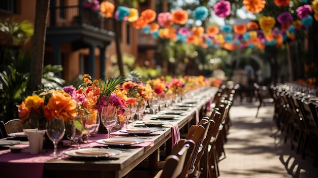 Una festa all'aperto con i tavoli adornati sullo sfondo