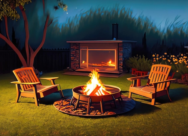 Outdoor fire pit in the backyard with lawn chairs seating on a late summer night