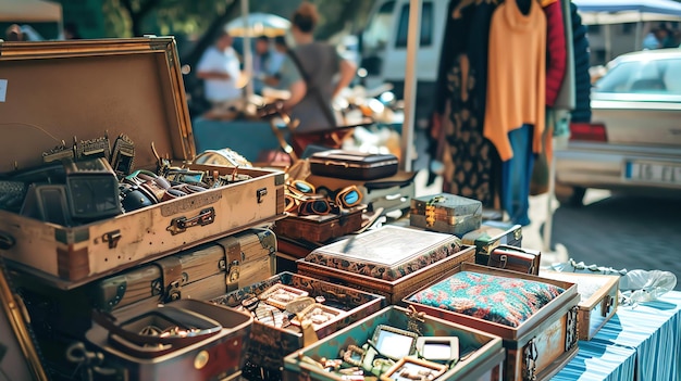 Photo an outdoor flea market with various vintage items for sale the items are displayed on tables and in boxes