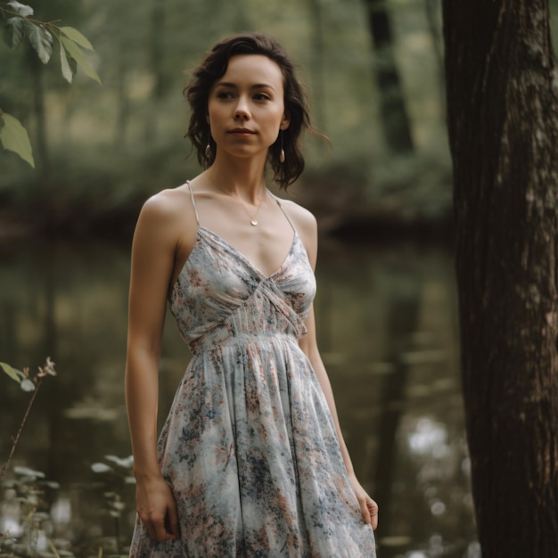 Outdoor fotoshoot met vrouwelijk model in elegante zomerjurk Generative Ai