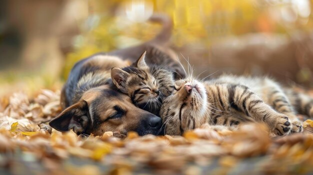 Outdoor fun dog and cat playfully lie on backs together