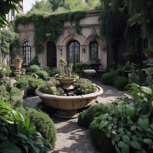 Photo outdoor garden with plants and fountains in the botanical garden generative ai