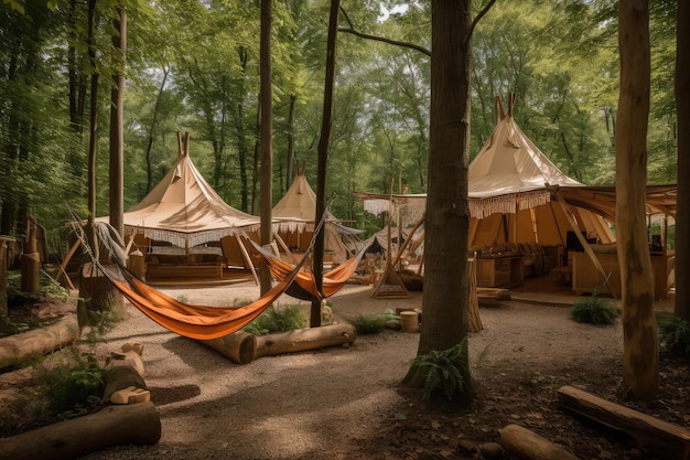 Outdoor glamping met hangmatten, schommels en knusse tenten