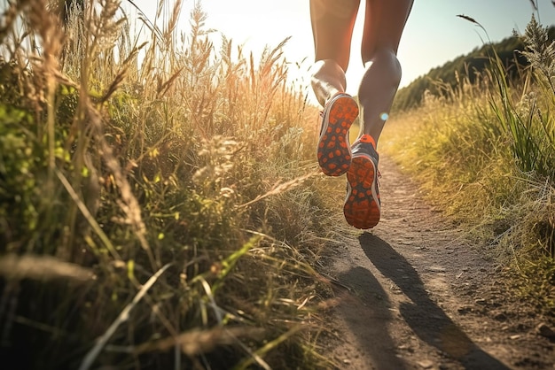 On the outdoor grass road there is a pair of jogging footsteps